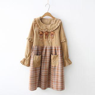 Corduroy Panel Long-sleeve A-line Dress