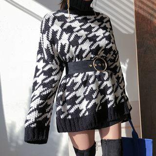 Turtleneck Houndstooth Loose-fit Sweater