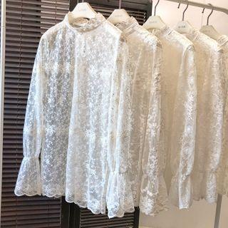 Mock-neck Lace Long-sleeve Top Beige - One Size