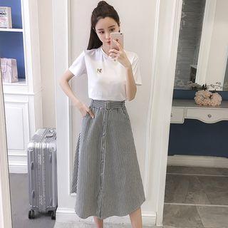 Set: Embroidered Short-sleeve T-shirt + Striped A-line Midi Skirt