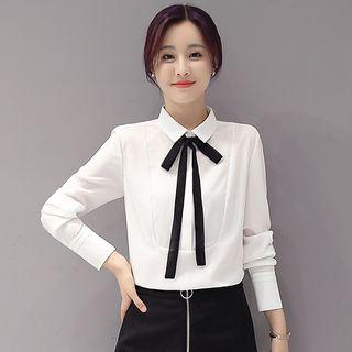 Ribbon Long-sleeve Chiffon Blouse