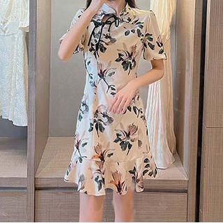 Puff-sleeve Print Midi A-line Qipao Dress