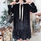 Long-sleeve Velvet Frill Collar Dress Black - One Size