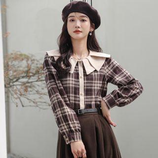 Long-sleeve Wide-collar Plaid Blouse