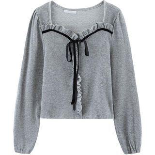 Ruffle Trim Tie-strap Cropped Sweatshirt