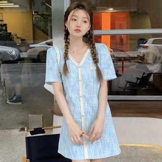 Short-sleeve Single-breasted Tweed Mini Dress