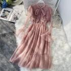Lace Panel Long-sleeve Midi Mesh A-line Dress