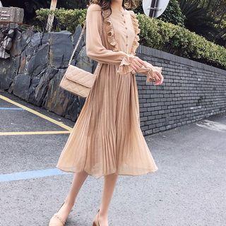 Ruffle Trim Long-sleeve Chiffon A-line Dress