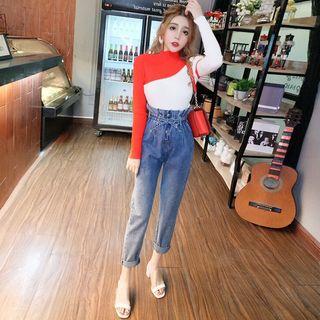 Set: Long-sleeve Mock Neck Knit Top + High Waist Straight Cut Jeans