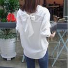 Elbow-sleeve V-neck Plain Bow Accent Loose Fit Shirt