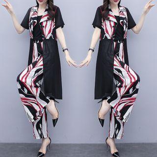 Set: Short-sleeve Printed Panel Jacket + Spaghetti Strap Top + Wide-leg Pants