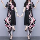 Set: Short-sleeve Printed Panel Jacket + Spaghetti Strap Top + Wide-leg Pants