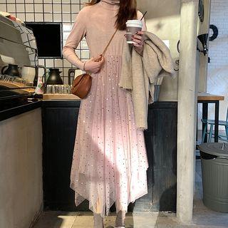 Mock Two-piece Sequined Midi Mesh Dress