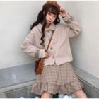 Furry Scarf / Button Jacket / Plaid A-line Skirt