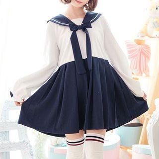 Sailor Collar Long-sleeve Mock Two-piece Dress