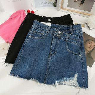 Irregular-waist Distressed Denim Mini Skirt