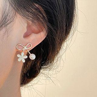 Bow Flower Faux Cat Eye Stone Faux Pearl Alloy Earring 1 Pair - Earrings - Gold - One Size