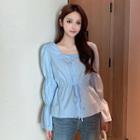 Long-sleeve Buttoned Square-neck Blouse