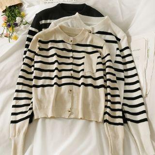 Mock-neck Two Tone Striped Button-up Pocket Cardigan