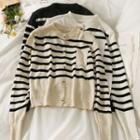 Mock-neck Two Tone Striped Button-up Pocket Cardigan