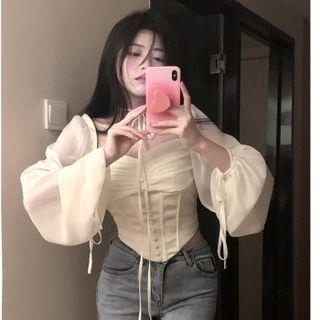 Balloon-sleeve Square Neck Corset Blouse