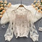 Set Of 2 : Square-neck Lace Sheer Shirt + Camisole Top Almond - One Size