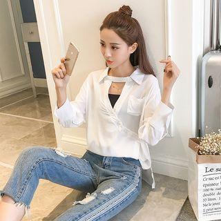 Long-sleeve Keyhole-front Shirt