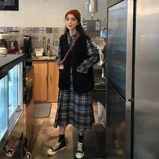 Plaid Long-sleeve Midi Shirtdress / Single-breasted Vest