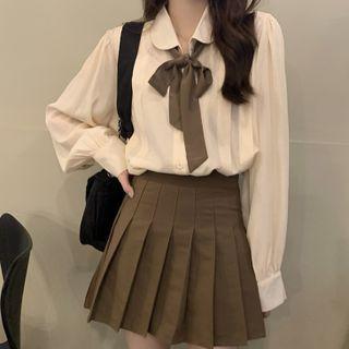 Long-sleeve Tie-strap Shirt / Pleated Mini A-line Skirt