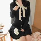 Tie-neck Faux-pearl Button Rib-knit Dress Black - One Size