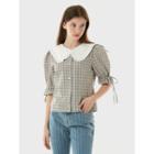 Puff-sleeve Beribboned Checked Blouse Multicolor - One Size