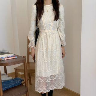 Crewneck Long-sleeve Lace Dress Almond - One Size