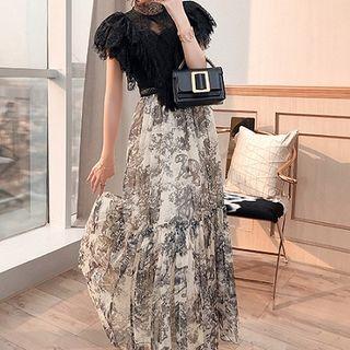 Set: Short-sleeve A-line Maxi Dress + Spaghetti Strap Dress