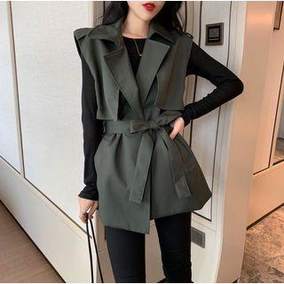 Plain Long-sleeve Top / Tie-waist Lapel Vest