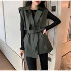 Plain Long-sleeve Top / Tie-waist Lapel Vest