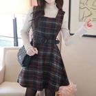 Square-neck Belted Plaid Dress Wine Red - One Size