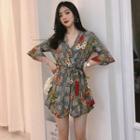 3/4-sleeve Plaid Floral Print Wide-leg Playsuit As Shown In Figure - One Size