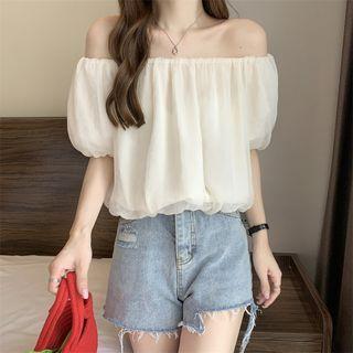 Puff-sleeve Off-shoulder Plain Chiffon Top