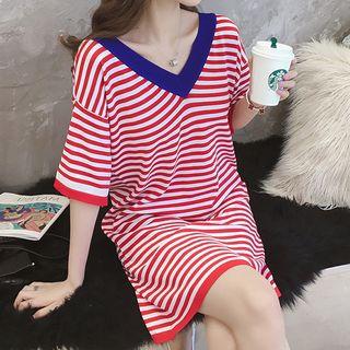 Striped Elbow-sleeve V-neck T-shirt Dress