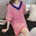 Striped Elbow-sleeve V-neck T-shirt Dress