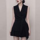 Set: Sleeveless Notch Lapel Tie-waist Top + Mini A-line Skirt