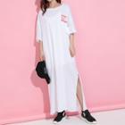 Elbow-sleeve Lettering Slit Maxi T-shirt Dress