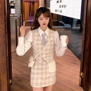 Plaid Vest / Mini Pencil Skirt / Plain Shirt / Necktie / Set