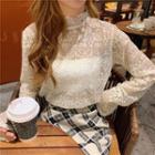 Turtle-neck Lace Flare Long-sleeve Top
