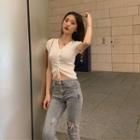 Short-sleeve V-neck Drawstring Cropped Knit Top