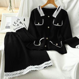 Set: Long-sleeve Buttoned Lace Trim Knit Top + Mini A-line Skirt Black - One Size