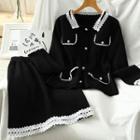 Set: Long-sleeve Buttoned Lace Trim Knit Top + Mini A-line Skirt Black - One Size