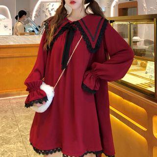 Long-sleeve Lace Trim Collared Dress