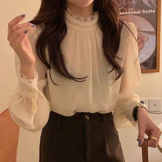 Long-sleeve Beaded Frill Trim Chiffon Blouse Almond - One Size
