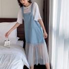 Set: Mesh Panel Denim Midi Overall Dress + Elbow-sleeve T-shirt